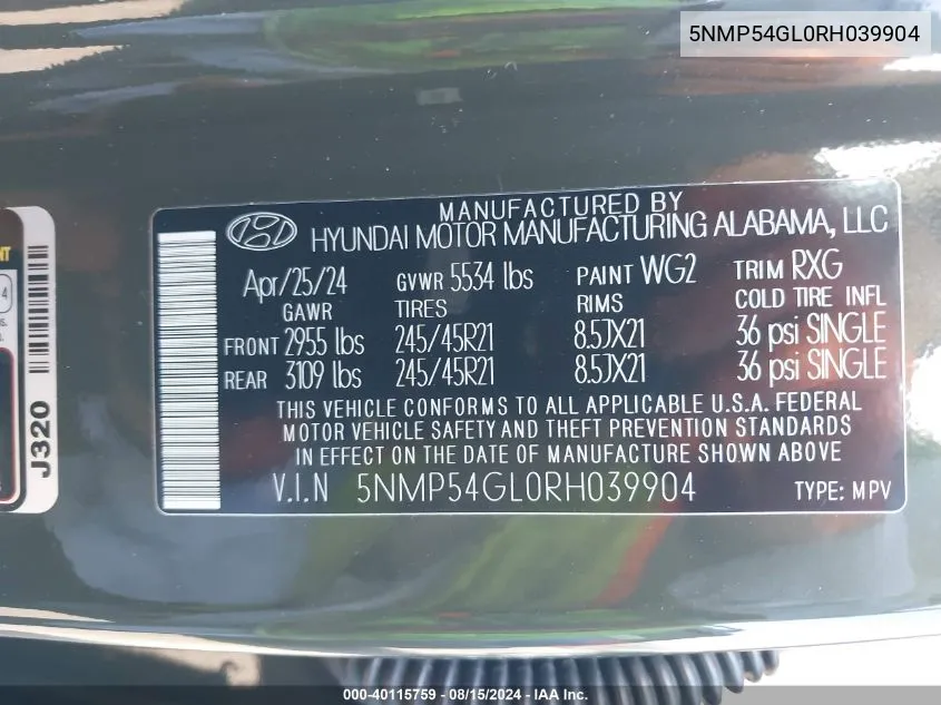 5NMP54GL0RH039904 2024 Hyundai Santa Fe Calligraphy