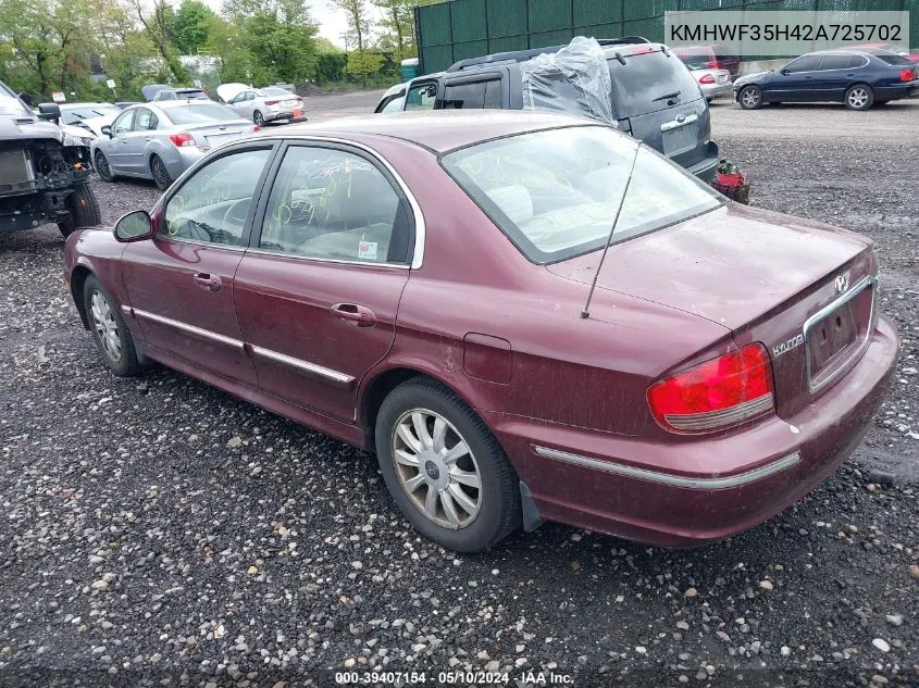 2002 Hyundai Sonata Gls/Lx VIN: KMHWF35H42A725702 Lot: 39407154