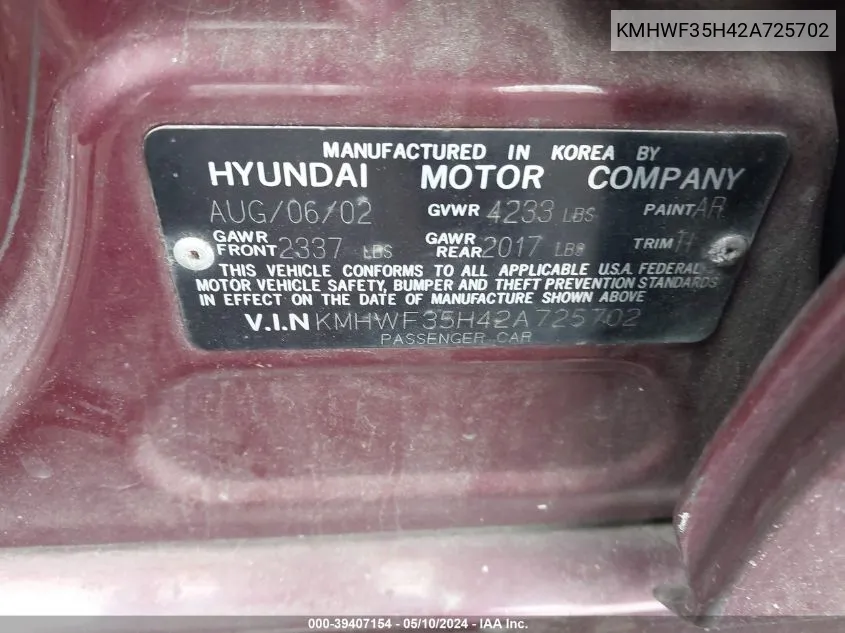 KMHWF35H42A725702 2002 Hyundai Sonata Gls/Lx