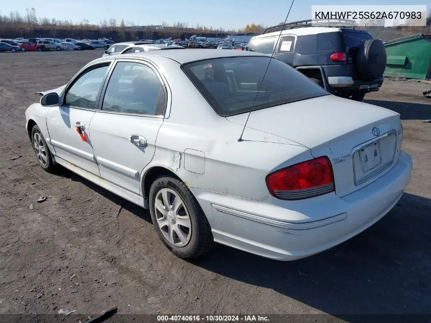 2002 Hyundai Sonata VIN: KMHWF25S62A670983 Lot: 40740616