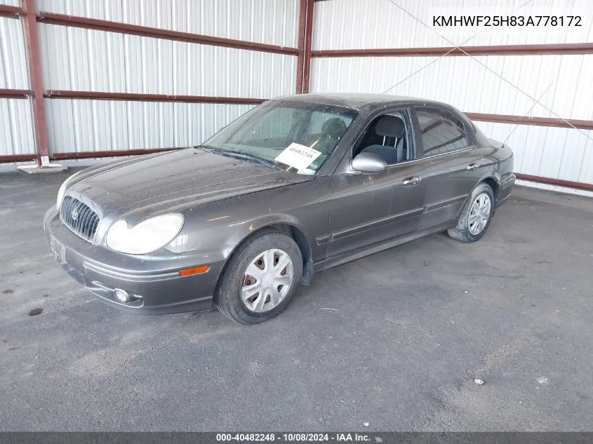 2003 Hyundai Sonata Base W/2.7L V6 VIN: KMHWF25H83A778172 Lot: 40482248