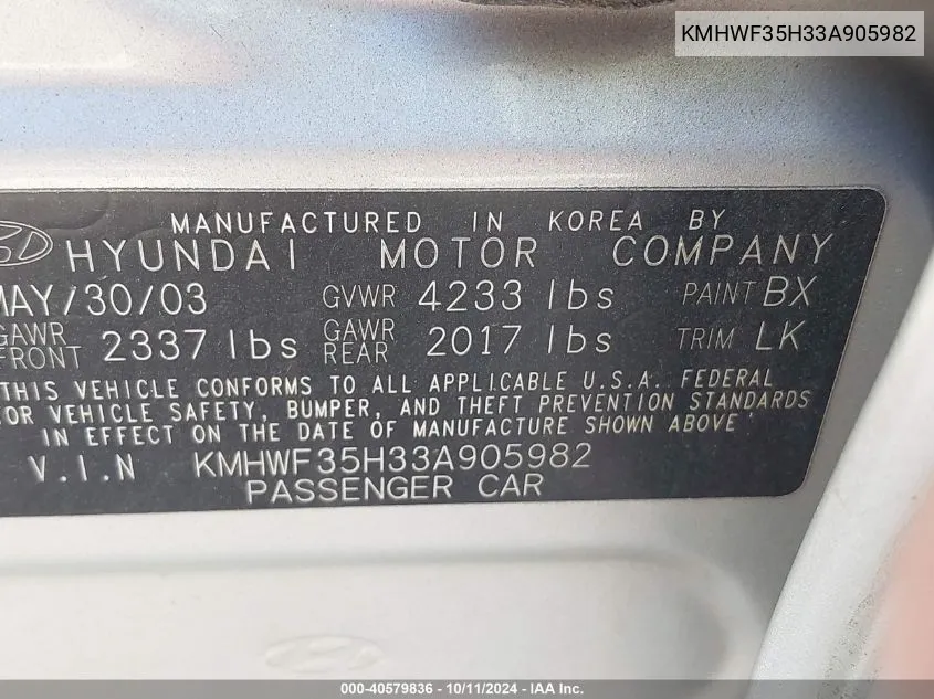 KMHWF35H33A905982 2003 Hyundai Sonata Gls/Lx