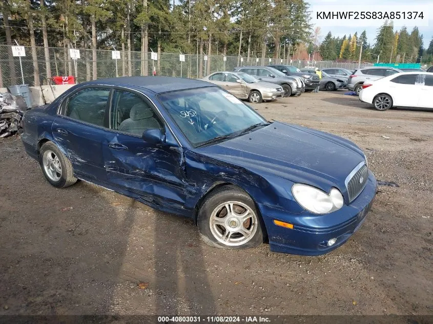 2003 Hyundai Sonata VIN: KMHWF25S83A851374 Lot: 40803031