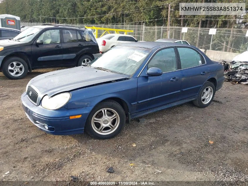 2003 Hyundai Sonata VIN: KMHWF25S83A851374 Lot: 40803031