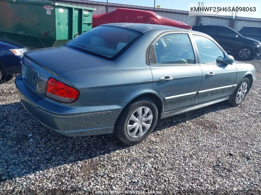 2005 Hyundai Sonata Gl V6 VIN: KMHWF25H65A098063 Lot: 39795700