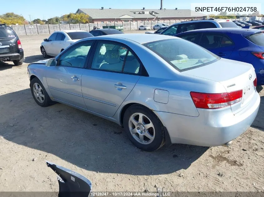 2006 Hyundai Sonata VIN: 5NPET46F76H024758 Lot: 12128247