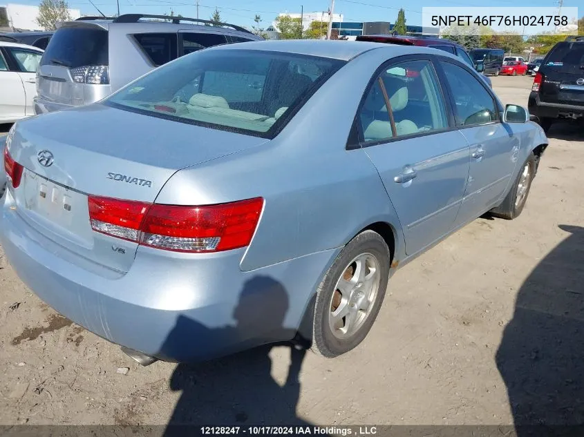 2006 Hyundai Sonata VIN: 5NPET46F76H024758 Lot: 12128247