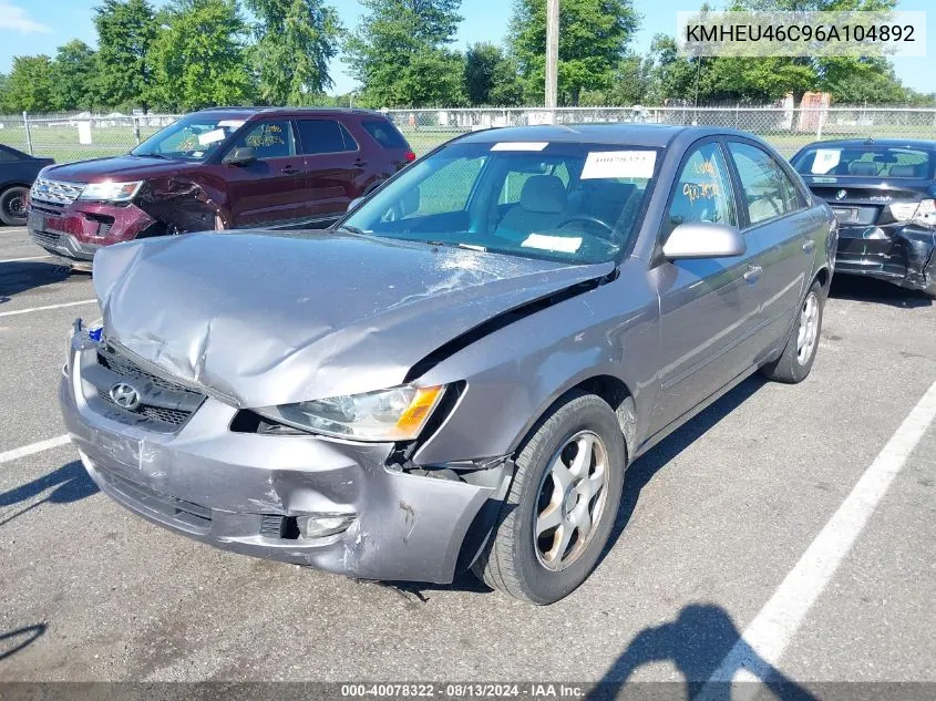 2006 Hyundai Sonata Gls/Lx VIN: KMHEU46C96A104892 Lot: 40078322