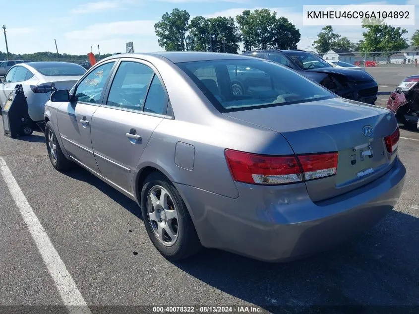 2006 Hyundai Sonata Gls/Lx VIN: KMHEU46C96A104892 Lot: 40078322