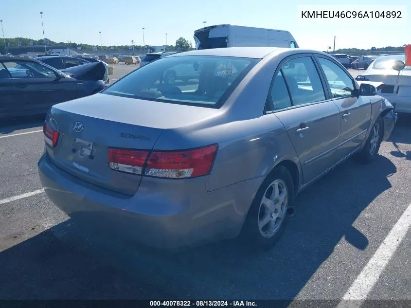 2006 Hyundai Sonata Gls/Lx VIN: KMHEU46C96A104892 Lot: 40078322