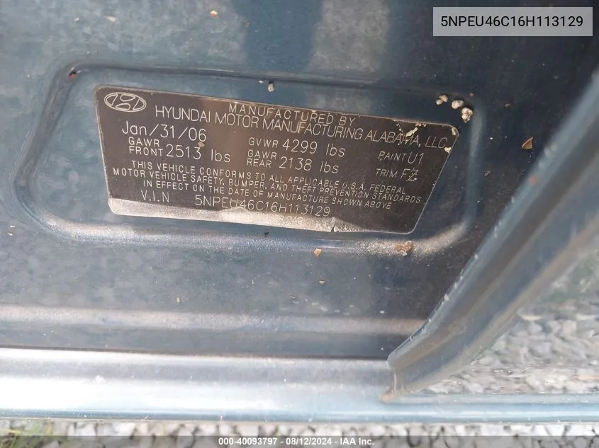 5NPEU46C16H113129 2006 Hyundai Sonata Gls