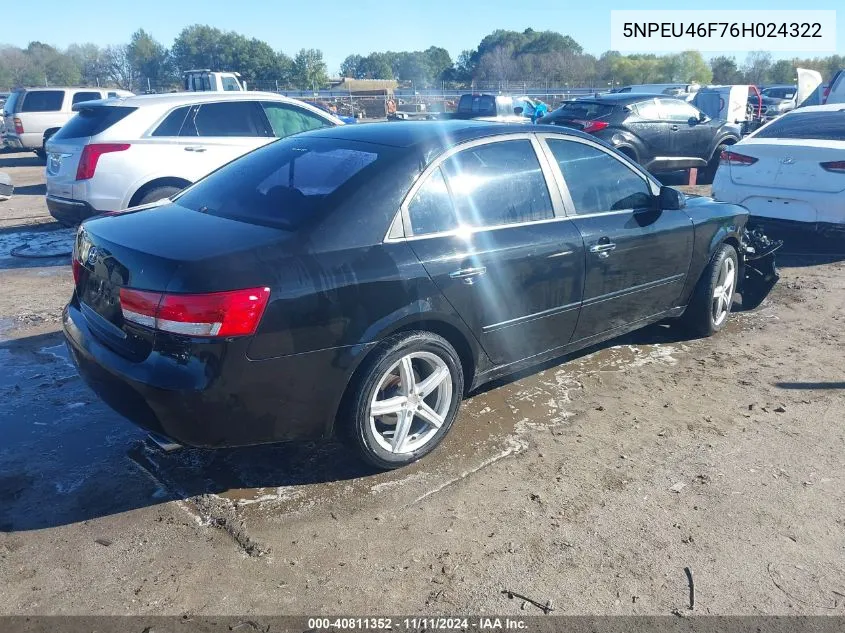 2006 Hyundai Sonata Gls V6/Lx V6 VIN: 5NPEU46F76H024322 Lot: 40811352