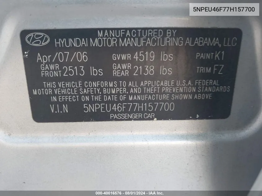 5NPEU46F77H157700 2007 Hyundai Sonata Limited/Se V6