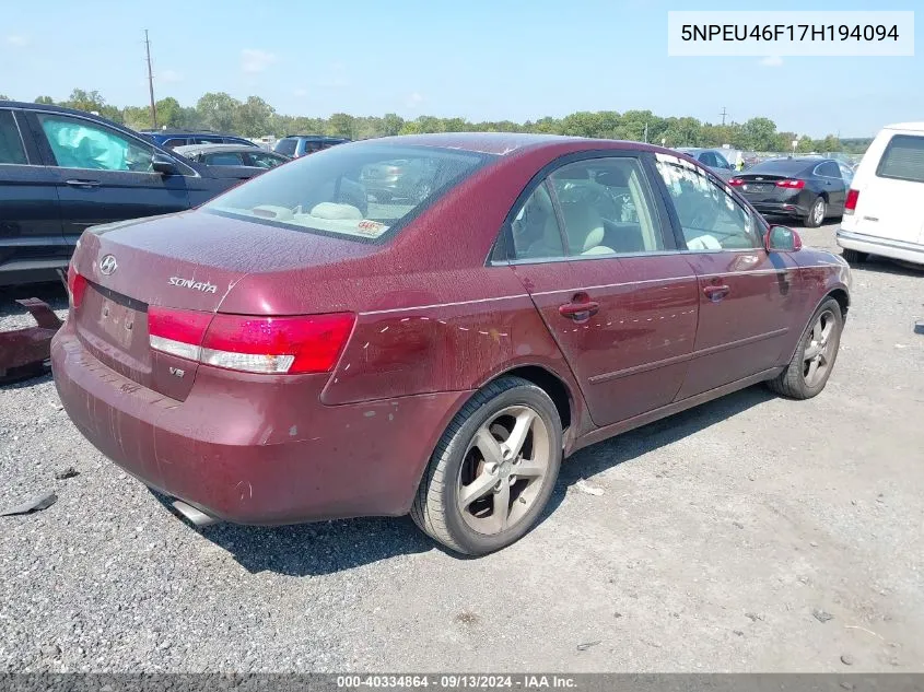 2007 Hyundai Sonata Se/Limited VIN: 5NPEU46F17H194094 Lot: 40334864