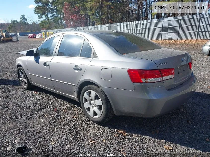 2007 Hyundai Sonata Gls VIN: 5NPET46C87H274551 Lot: 40801364