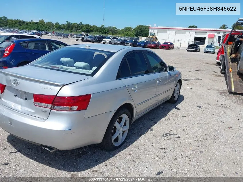 2008 Hyundai Sonata Limited V6/Se V6 VIN: 5NPEU46F38H346622 Lot: 39970434