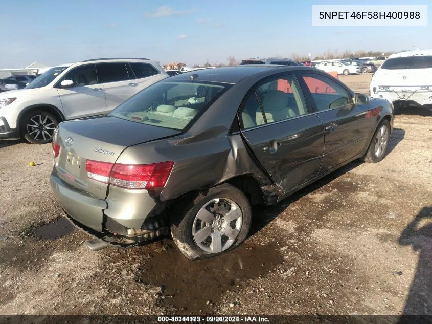 2008 Hyundai Sonata Gls V6 VIN: 5NPET46F58H400988 Lot: 40344173