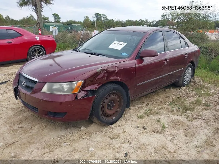 2008 Hyundai Sonata Gls VIN: 5NPET46C58H363981 Lot: 40704853