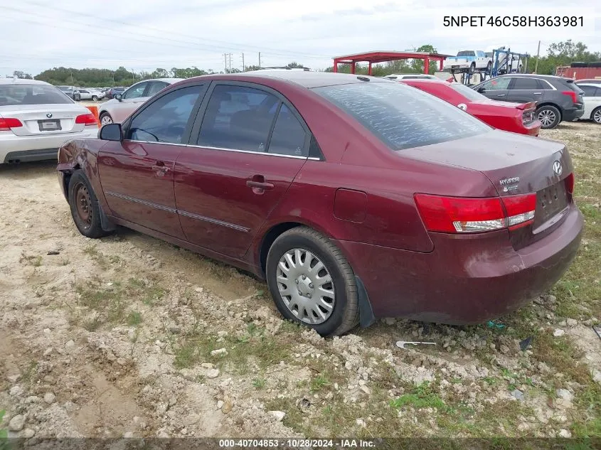 2008 Hyundai Sonata Gls VIN: 5NPET46C58H363981 Lot: 40704853