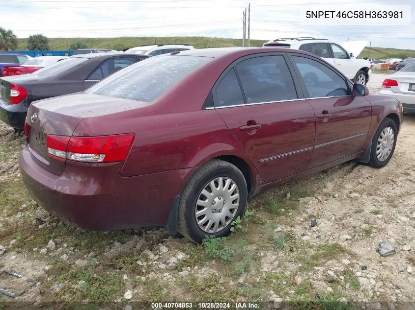 2008 Hyundai Sonata Gls VIN: 5NPET46C58H363981 Lot: 40704853