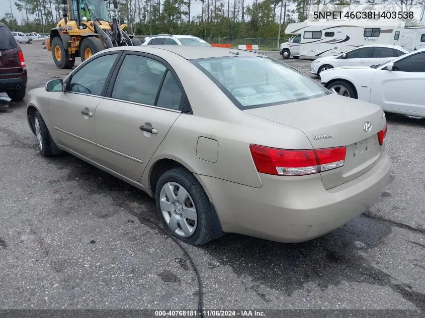 2008 Hyundai Sonata Gls VIN: 5NPET46C38H403538 Lot: 40768181