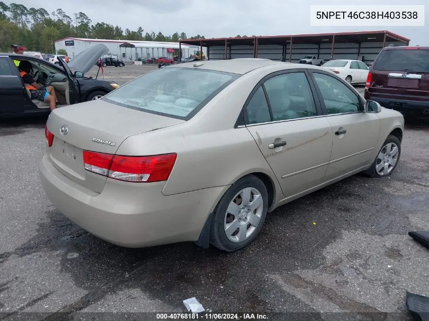 2008 Hyundai Sonata Gls VIN: 5NPET46C38H403538 Lot: 40768181