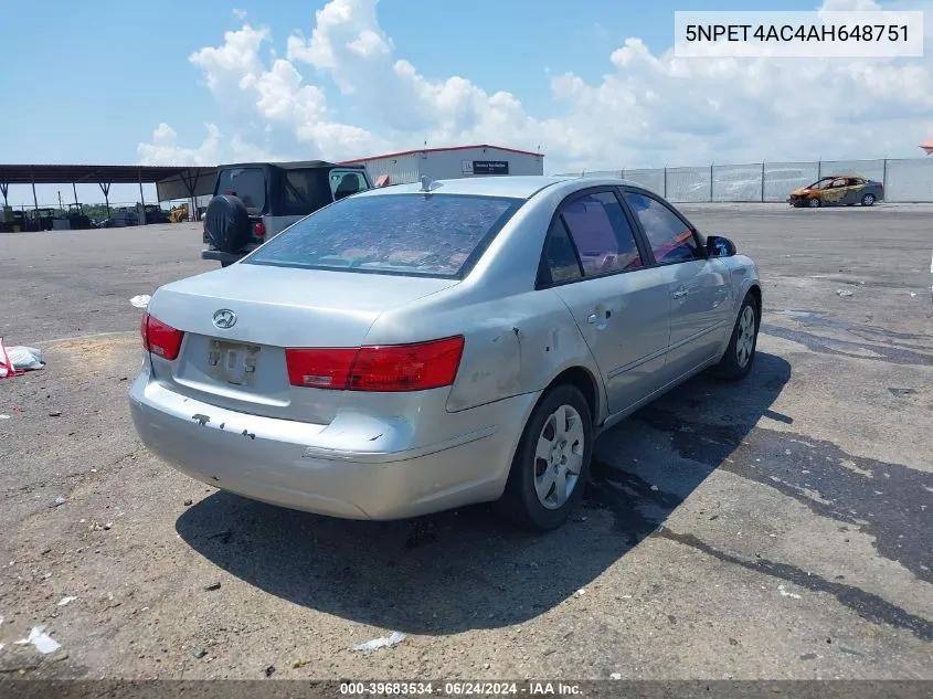 2010 Hyundai Sonata Gls VIN: 5NPET4AC4AH648751 Lot: 39683534