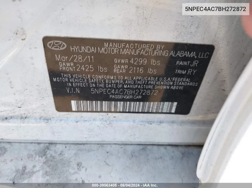 5NPEC4AC7BH272872 2011 Hyundai Sonata Limited