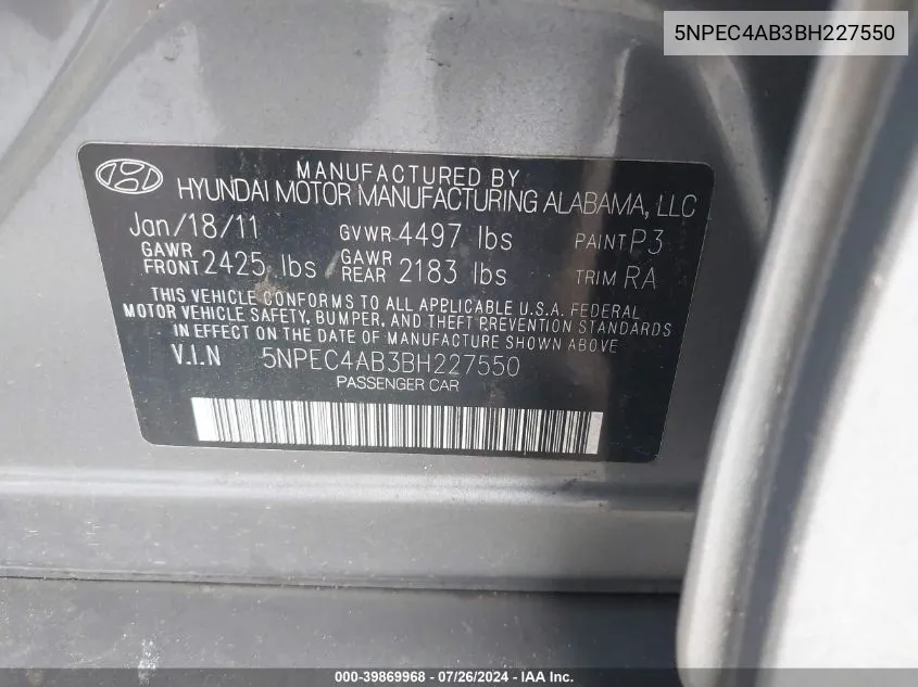 5NPEC4AB3BH227550 2011 Hyundai Sonata Se/Limited