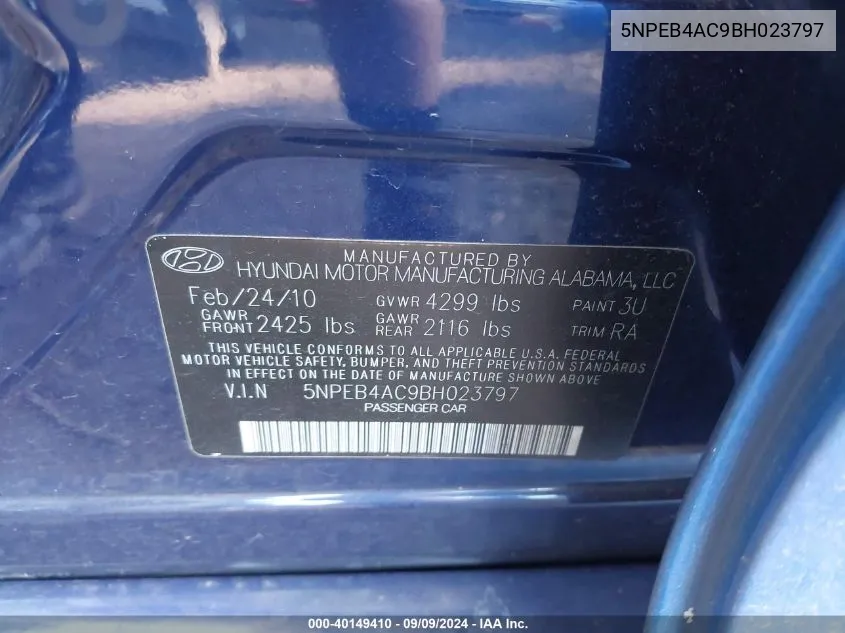 5NPEB4AC9BH023797 2011 Hyundai Sonata Gls