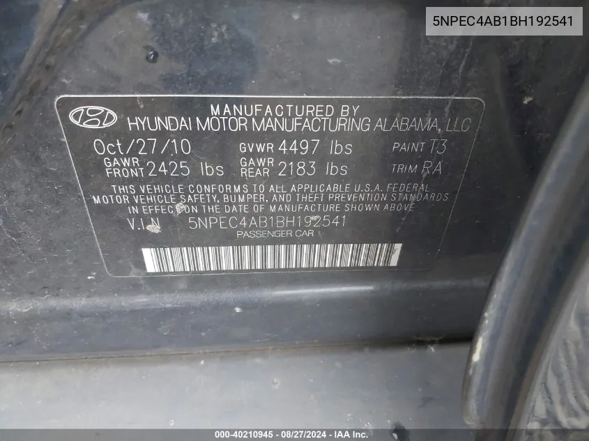 5NPEC4AB1BH192541 2011 Hyundai Sonata Se 2.0T