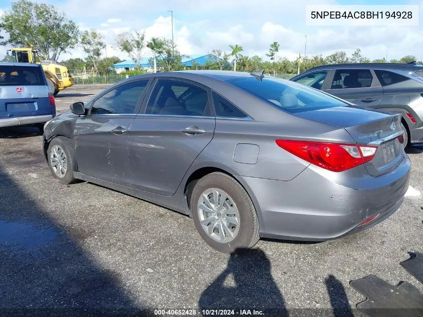 5NPEB4AC8BH194928 2011 Hyundai Sonata Gls