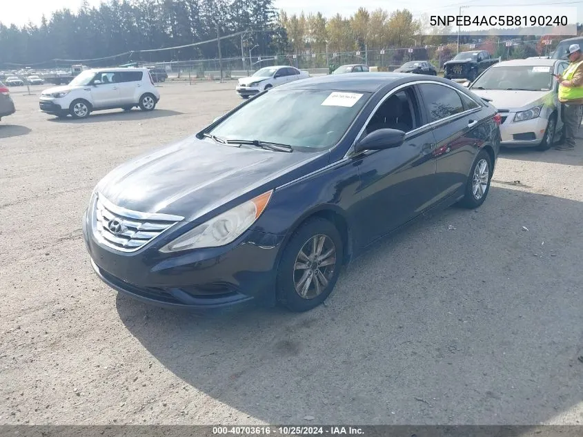 2011 Hyundai Sonata VIN: 5NPEB4AC5B8190240 Lot: 40703616