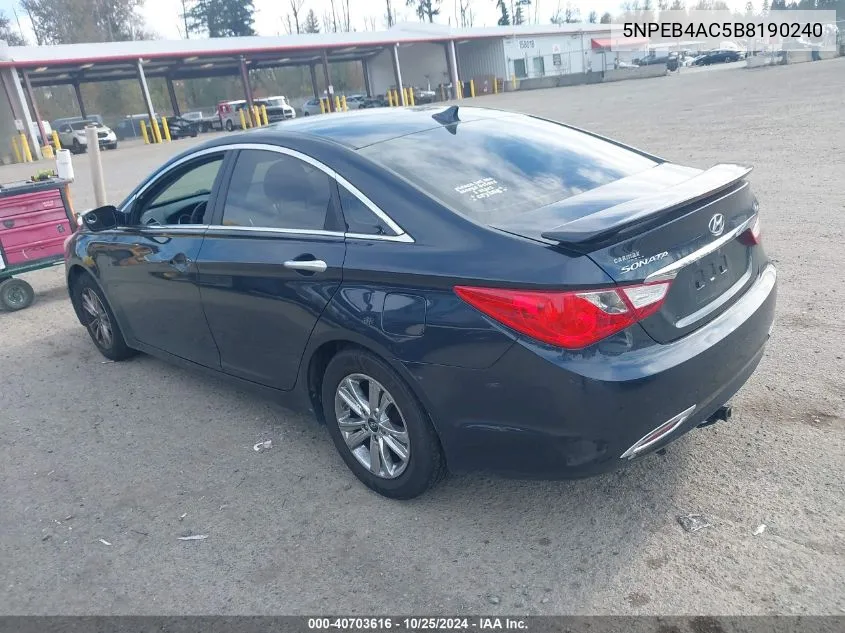 2011 Hyundai Sonata VIN: 5NPEB4AC5B8190240 Lot: 40703616