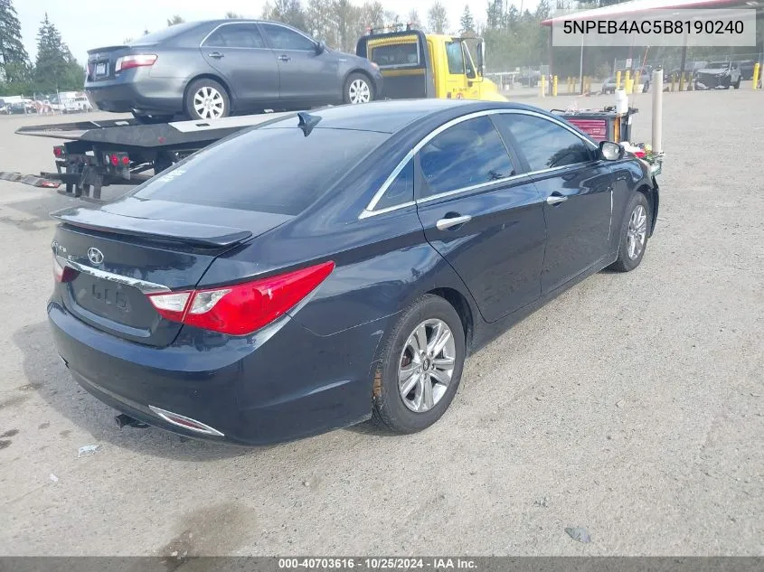 2011 Hyundai Sonata VIN: 5NPEB4AC5B8190240 Lot: 40703616