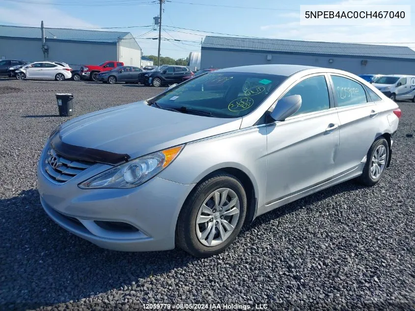 2012 Hyundai Sonata Gls VIN: 5NPEB4AC0CH467040 Lot: 12059779