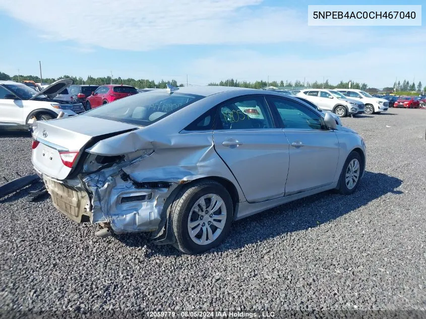 2012 Hyundai Sonata Gls VIN: 5NPEB4AC0CH467040 Lot: 12059779