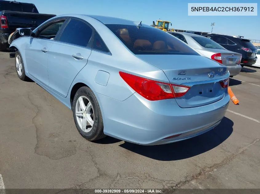 2012 Hyundai Sonata Gls VIN: 5NPEB4AC2CH367912 Lot: 39392909