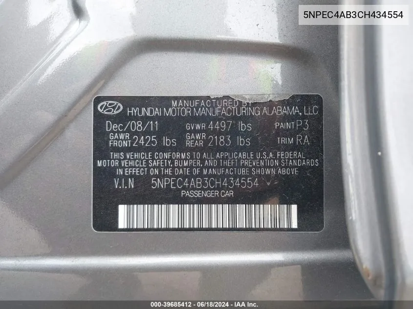 5NPEC4AB3CH434554 2012 Hyundai Sonata Se 2.0T