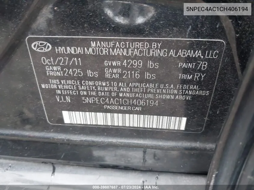 5NPEC4AC1CH406194 2012 Hyundai Sonata Se