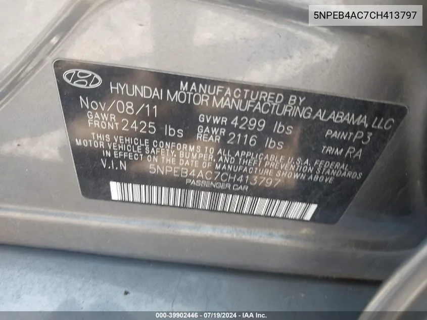 5NPEB4AC7CH413797 2012 Hyundai Sonata Gls