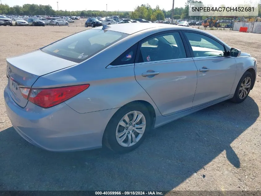 2012 Hyundai Sonata Gls VIN: 5NPEB4AC7CH452681 Lot: 40359966