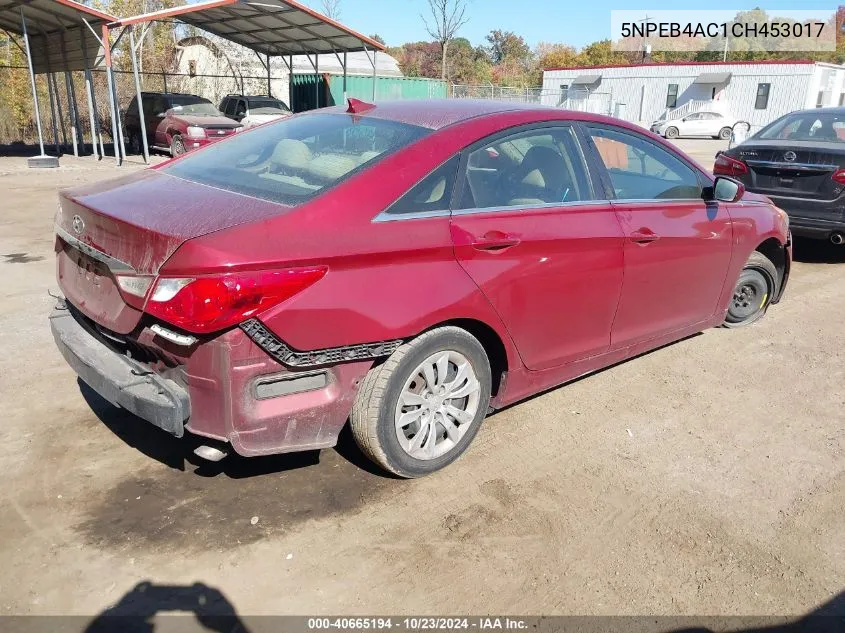 2012 Hyundai Sonata Gls VIN: 5NPEB4AC1CH453017 Lot: 40665194