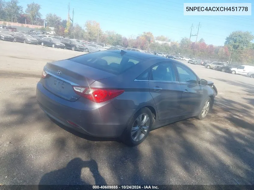 2012 Hyundai Sonata Limited VIN: 5NPEC4ACXCH451778 Lot: 40689885