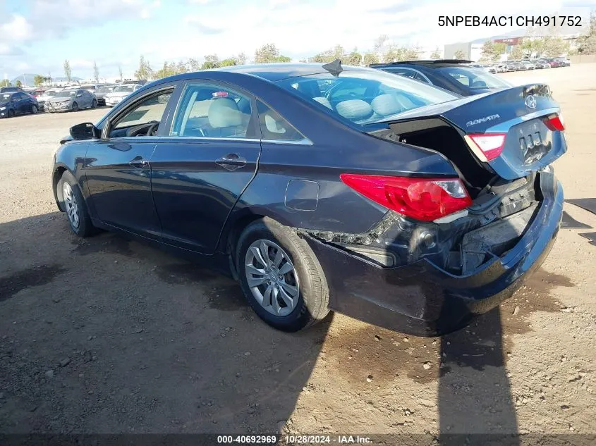 2012 Hyundai Sonata Gls VIN: 5NPEB4AC1CH491752 Lot: 40692969