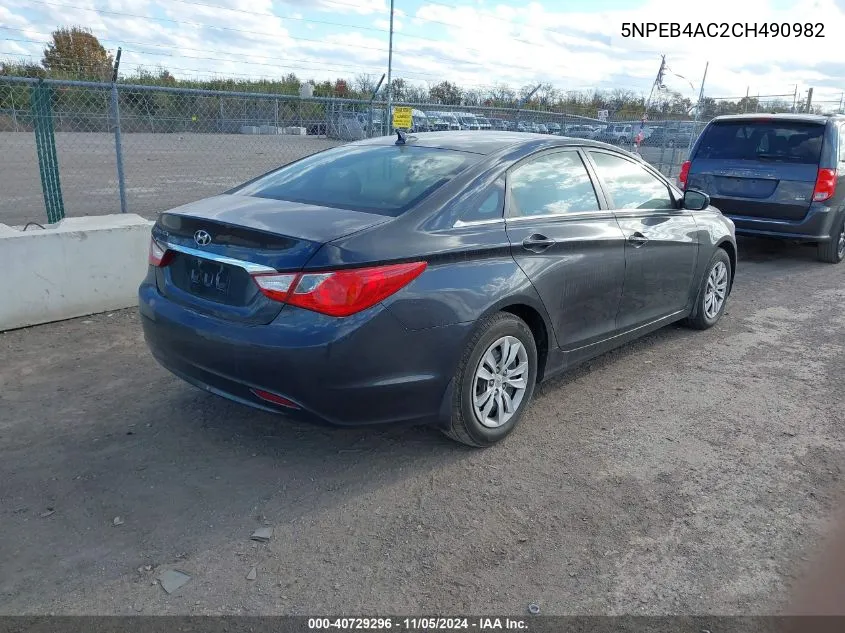 2012 Hyundai Sonata Gls VIN: 5NPEB4AC2CH490982 Lot: 40729296