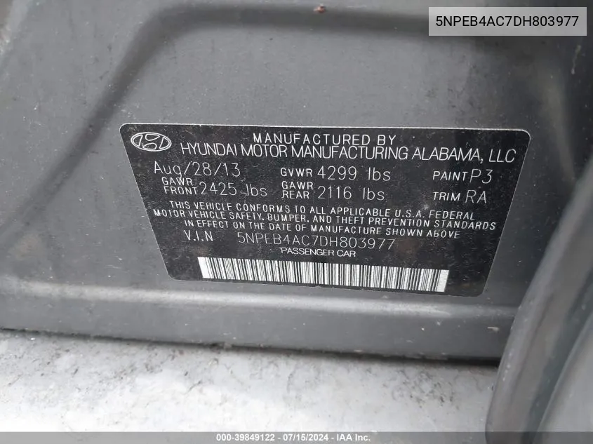 5NPEB4AC7DH803977 2013 Hyundai Sonata Gls