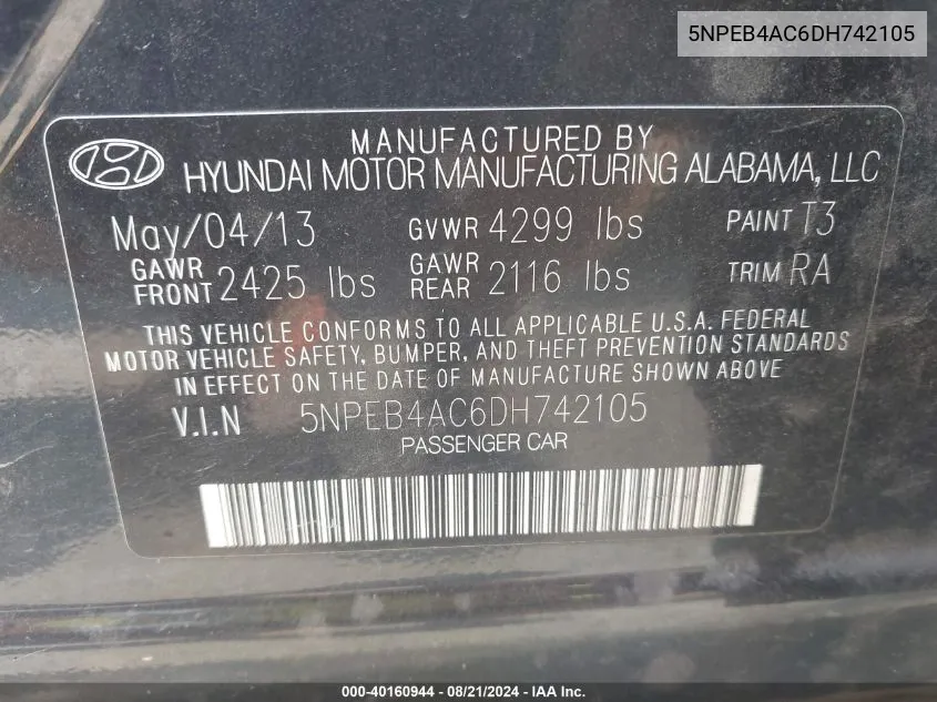 5NPEB4AC6DH742105 2013 Hyundai Sonata Gls