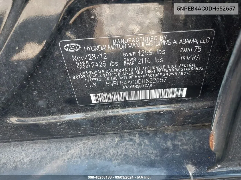 5NPEB4AC0DH652657 2013 Hyundai Sonata Gls