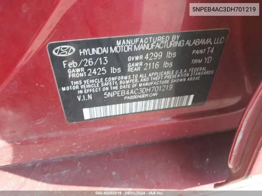 5NPEB4AC3DH701219 2013 Hyundai Sonata Gls